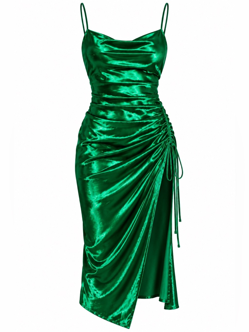 Miss Circle Emerald Green Satin Ruched High Slit Maxi Dress M